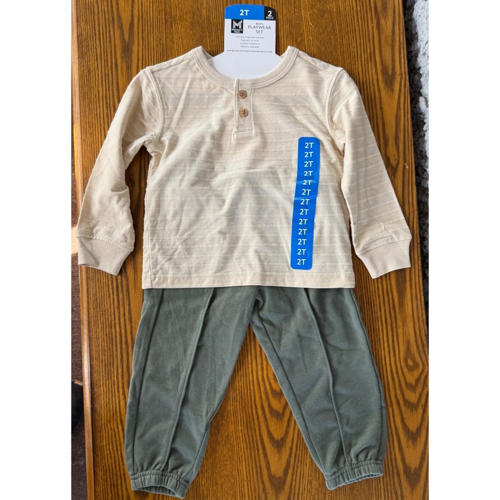 Member's Mark Boys 2 Piece Playwear Set Henley Top Jogger Pants Cream Green 2T